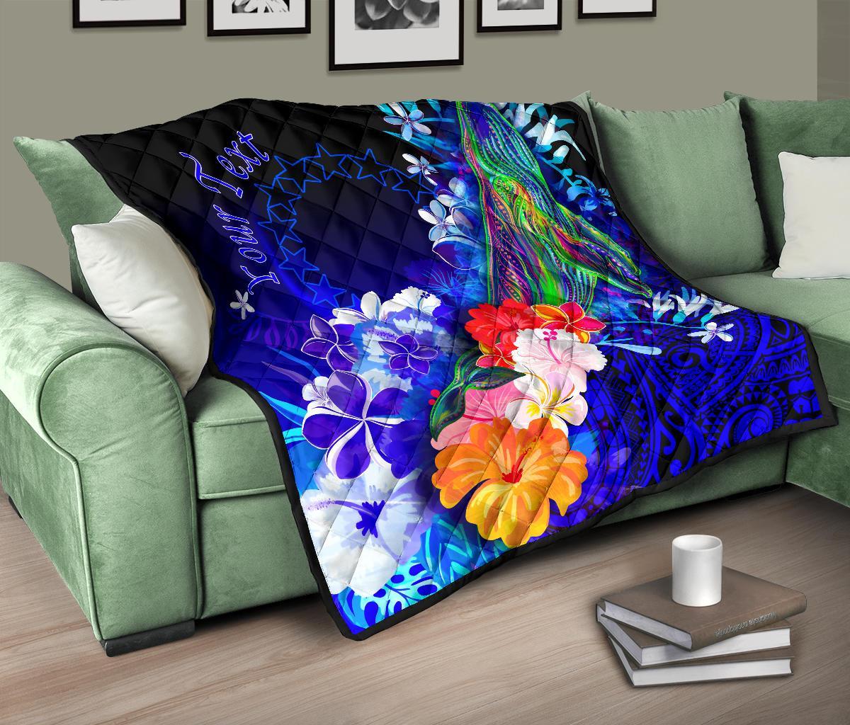 Cook Islands Custom Personalised Premium Quilt - Humpback Whale with Tropical Flowers (Blue) - Polynesian Pride