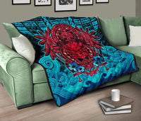 Hawaii Polynesian Premium Quilt - Hawaiian Red Tiki Face (Black Torquoise) - Polynesian Pride