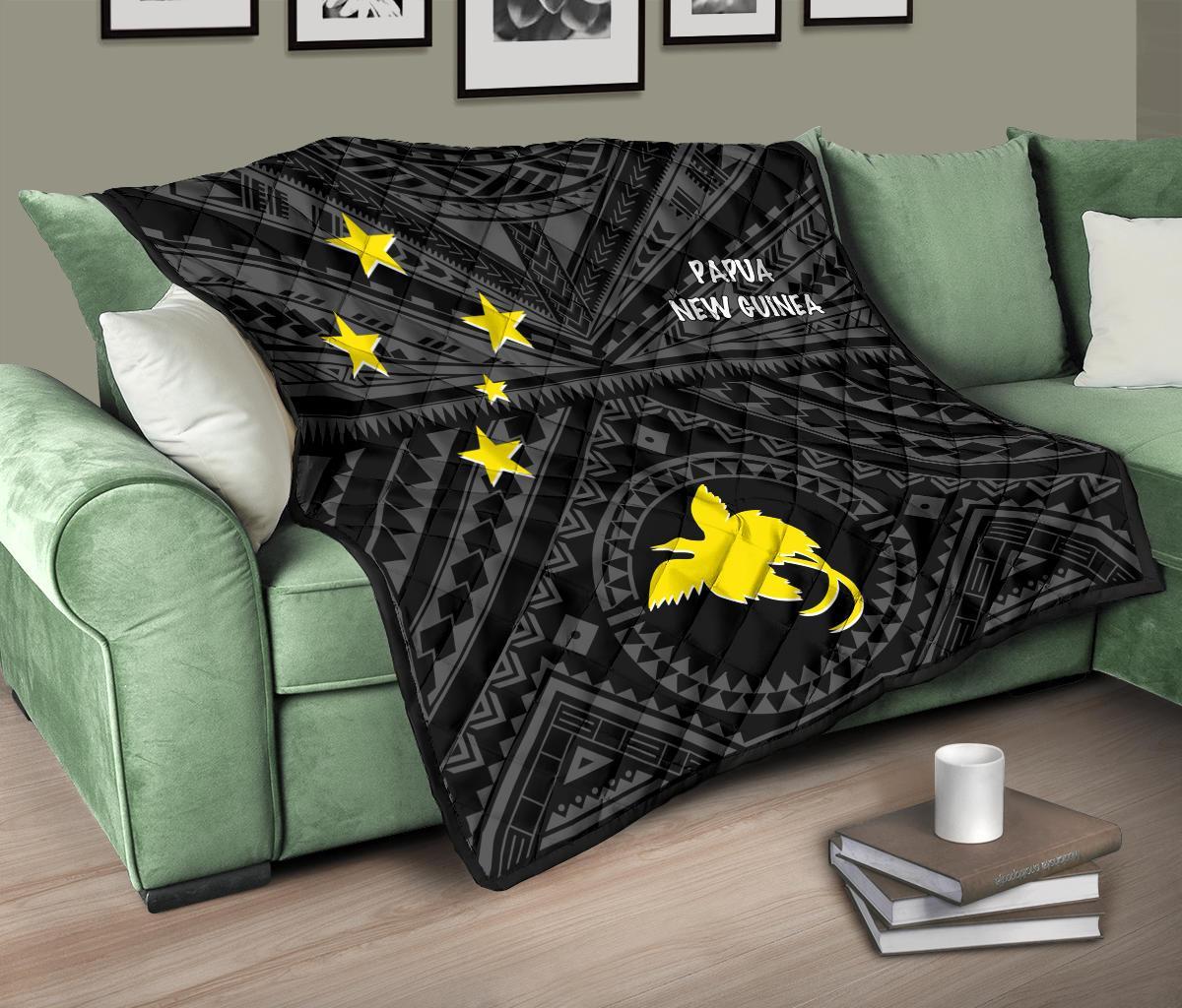 Papua New Guinea Premium Quilt - Flag With Polynesian Patterns (Black) - Polynesian Pride