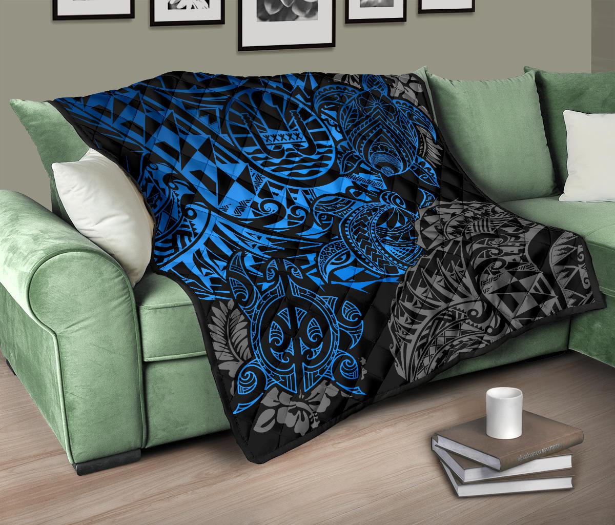 Tahiti Polynesian Premium Quilt - Blue Turtle Hibiscus Flowing - Polynesian Pride