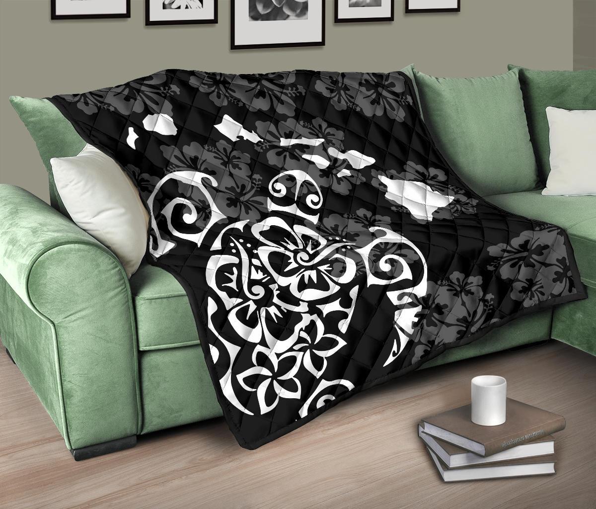 Turtle Hibiscus Map White Premium Quilt - Polynesian Pride