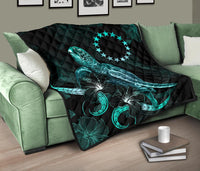 Cook Islands Polynesian Premium Quilt - Turtle With Blooming Hibiscus Turquoise Turquoise - Polynesian Pride