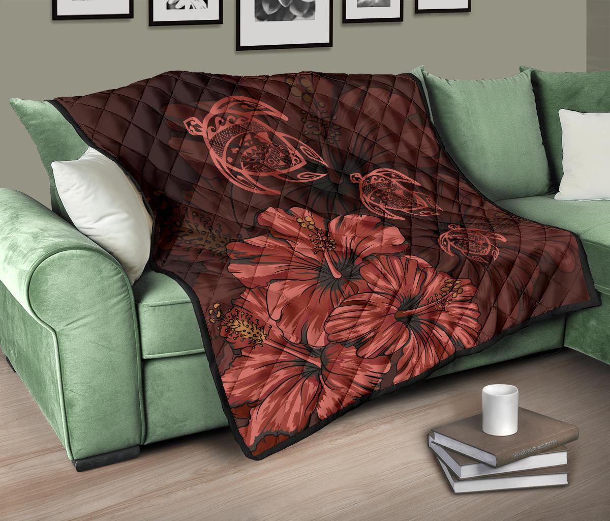 Hawaiian Map Hibiscus Turtle Vintage Polynesian Premium Quilt Red - Polynesian Pride