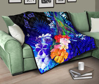 Marshall Islands Custom Personalised Premium Quilts - Humpback Whale with Tropical Flowers (Blue) - Polynesian Pride