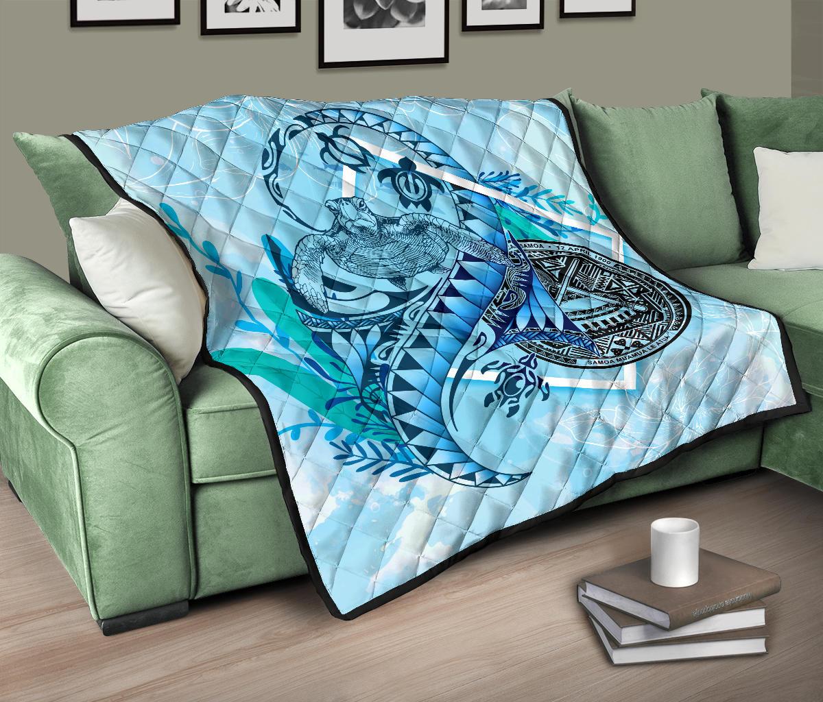 American Samoa Premium Quilt - Polynesian Turtle Under The Sea Blue - Polynesian Pride