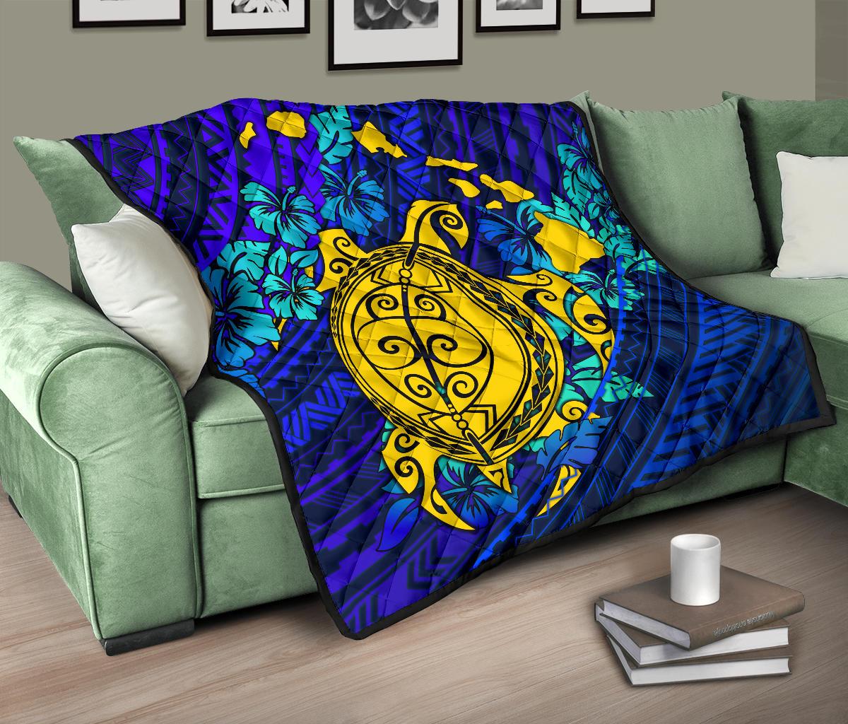 Hawaii Polynesian Premium Quilt - Hawaii Yellow Turtle Map & Torquoise Hibiscus - Polynesian Pride