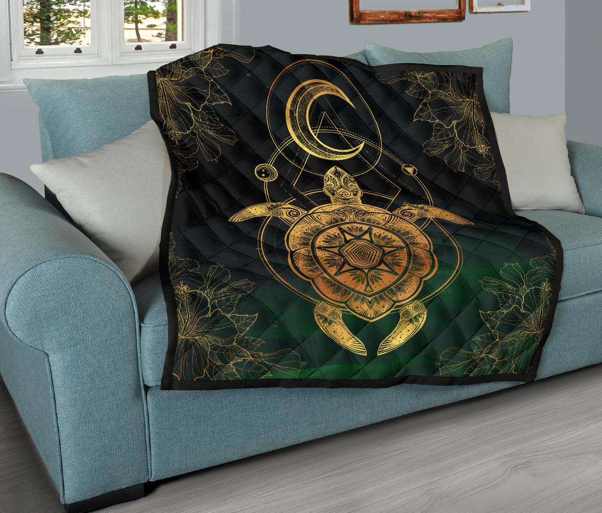 Turtle Hibiscus Golden Galaxy Premium Quilt - Polynesian Pride