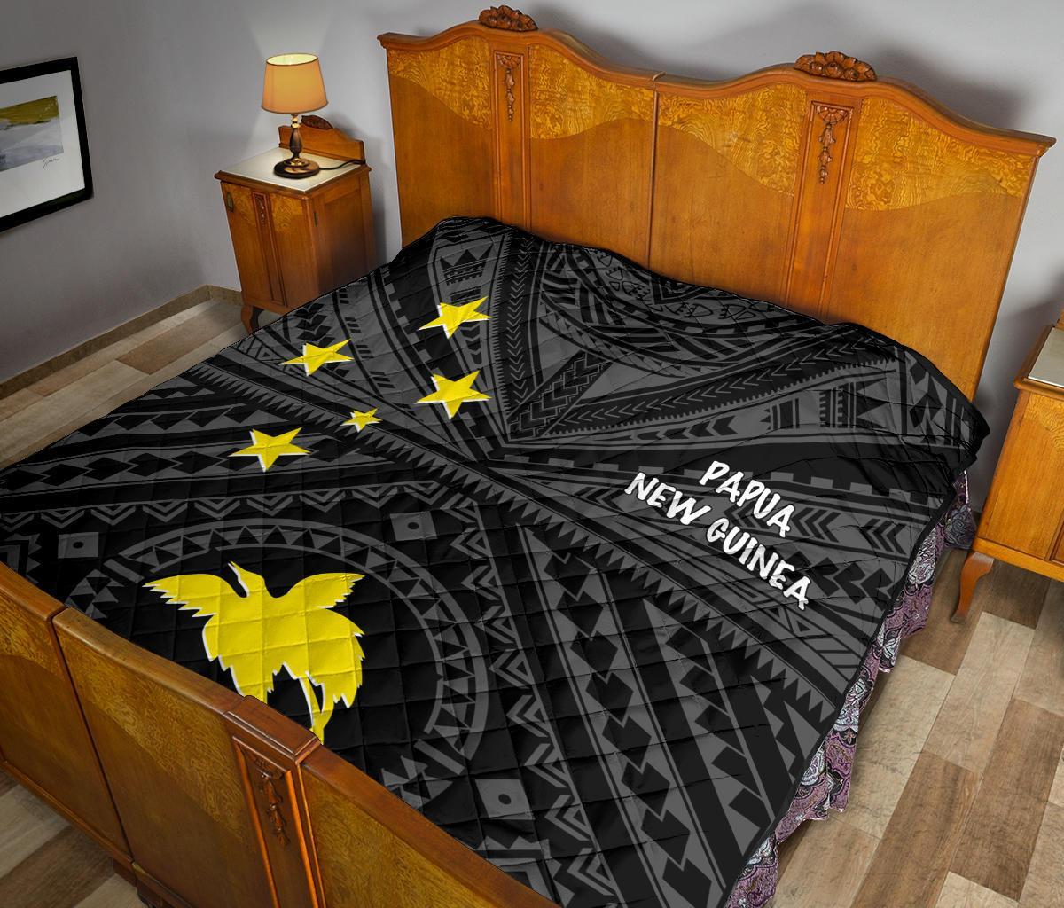 Papua New Guinea Premium Quilt - Flag With Polynesian Patterns (Black) - Polynesian Pride