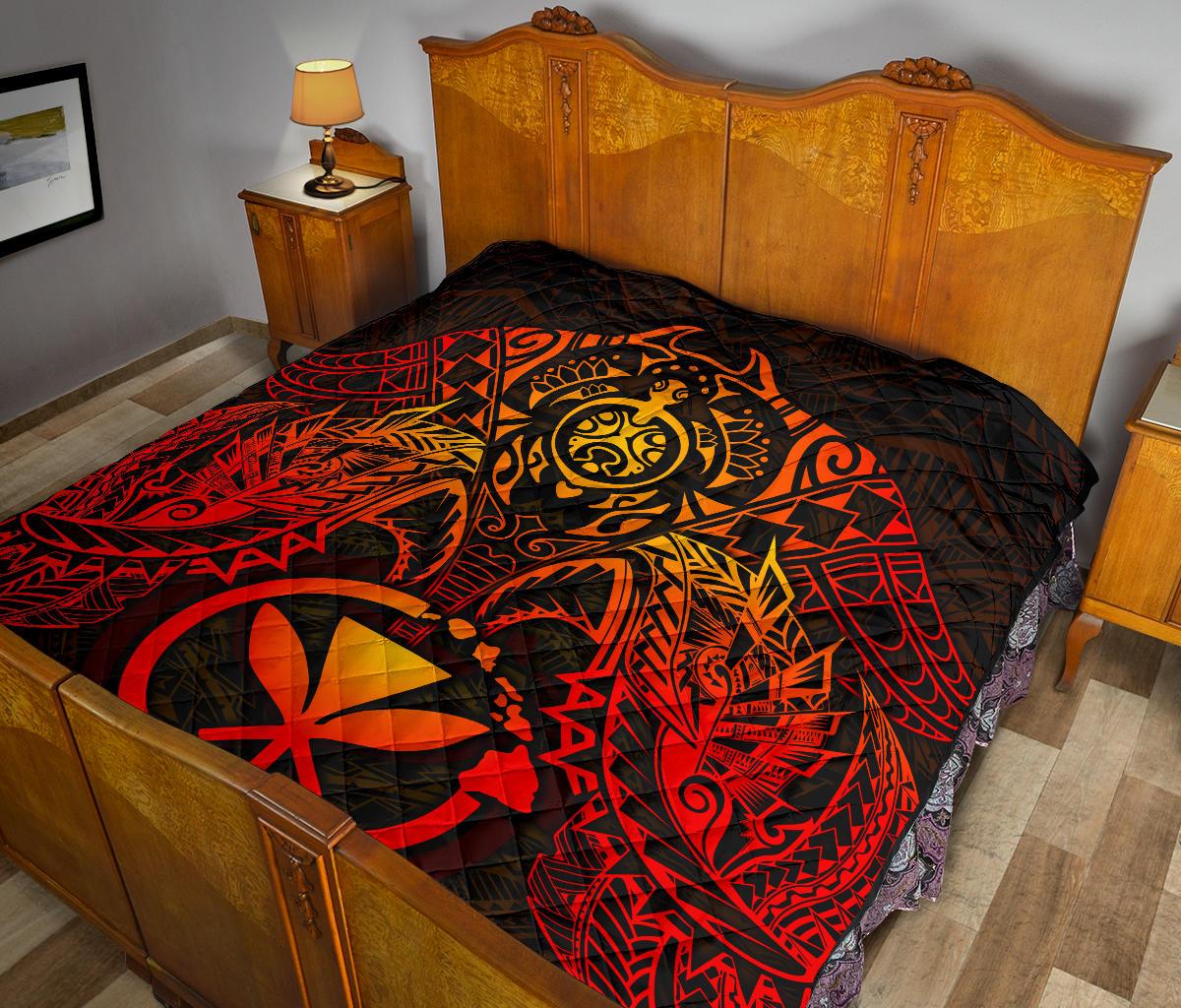 Hawaii Polynesian Premium Quilt - Red Kanaka Maoli Turtle Manta Ray - Polynesian Pride