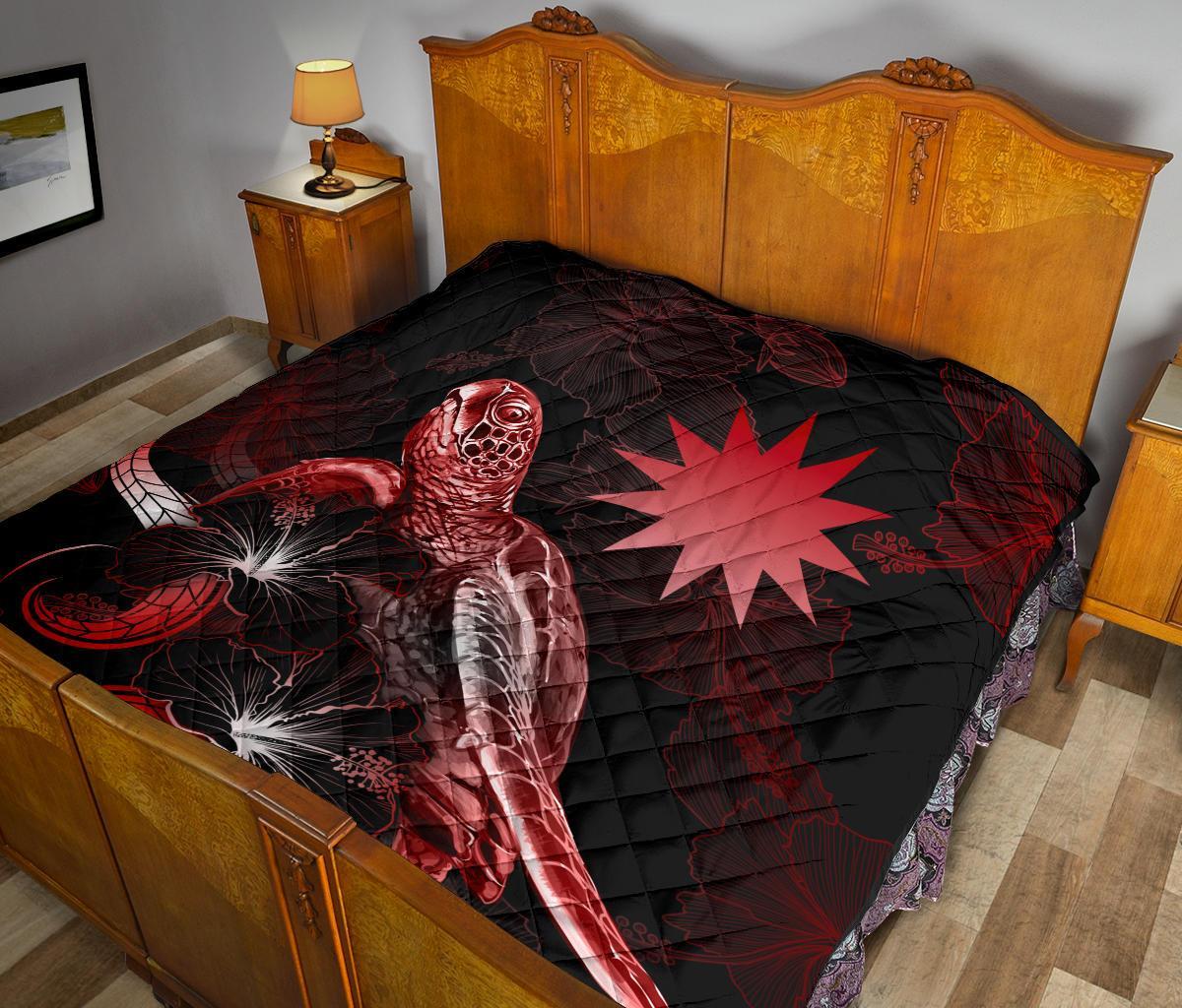 Nauru Polynesian Premium Quilt - Turtle With Blooming Hibiscus Red - Polynesian Pride