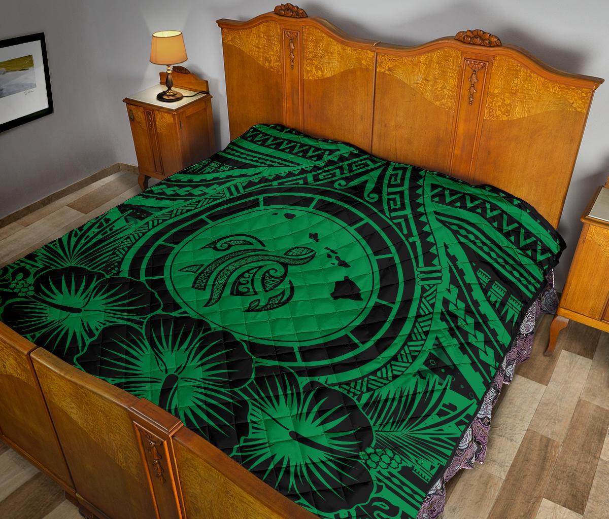 Hawaii Premium Quilt - Hawaii Map Honu Hibiscus Green Polynesian Premium Quilt - Polynesian Pride