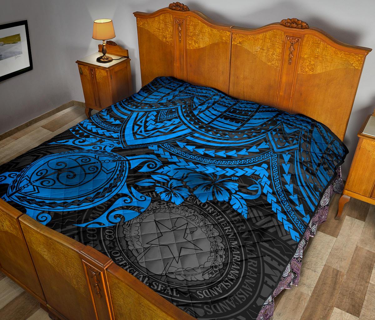 Northern Mariana Islands Polynesian Premium Quilt - Northern Mariana Islands Seal & Blue Turtle Hibiscus - Polynesian Pride