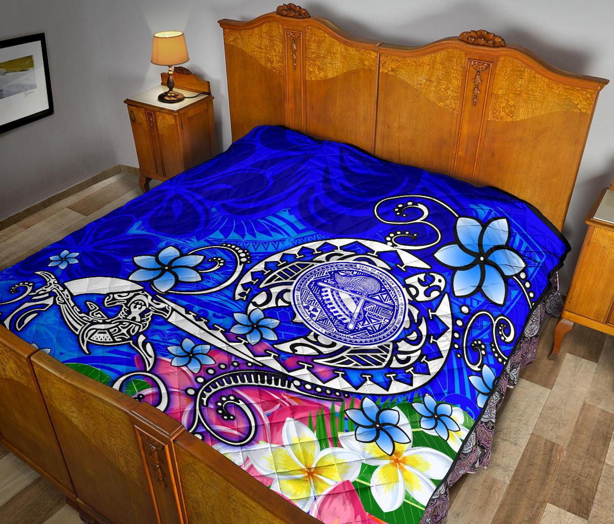 American Samoa Polynesian Premium Quilt - Turtle Plumeria (Blue) - Polynesian Pride