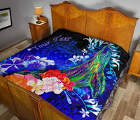 Custom Personalised Samoa Premium Quilt - Humpback Whale with Tropical Flowers (Blue) - Polynesian Pride