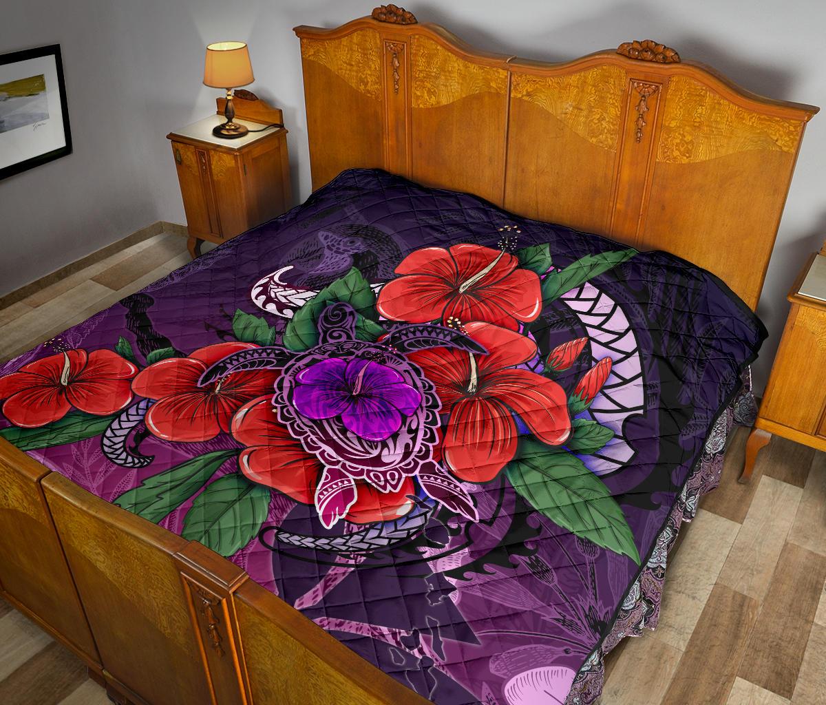 Polynesian Hawaii Premium Quilt - Purple Hibiscus Turtle Flowing - Polynesian Pride