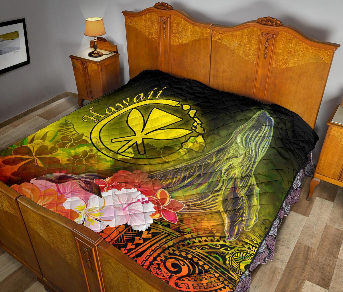 Polynesian Hawaii Premium Quilt - Kanaka Maoli Humpback Whale with Tropical Flowers (Yellow) - Polynesian Pride