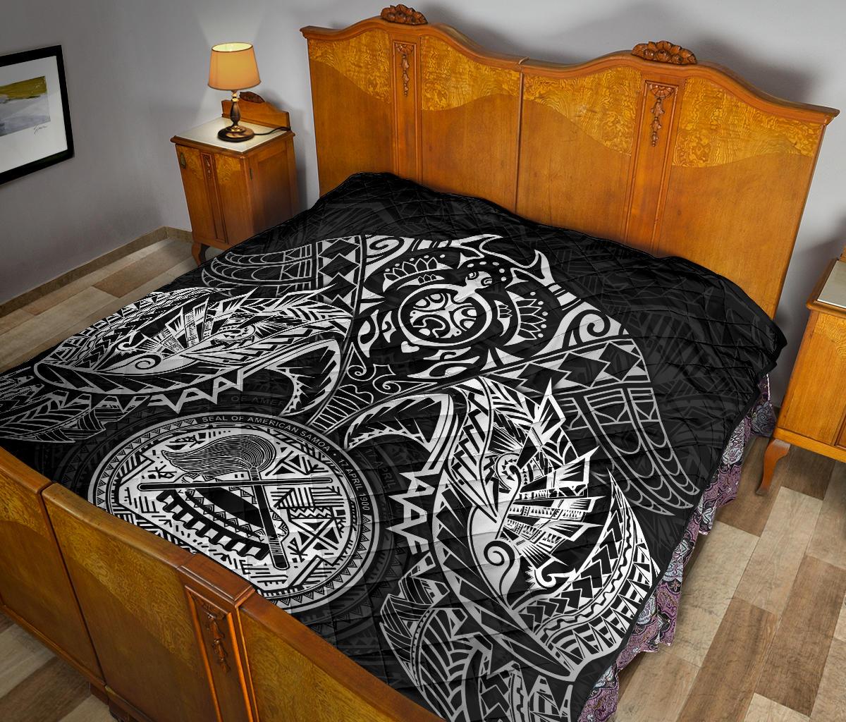 American Samoa Premium Quilt - American Samoa Seal Turtle Manta Ray White Style - Polynesian Pride