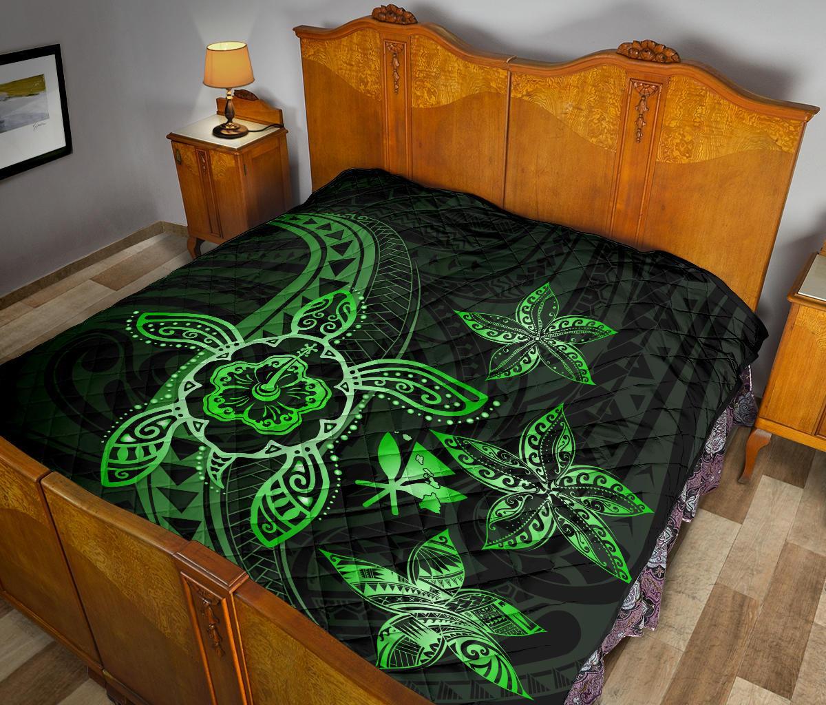 Kanaka Map Hibiscus Plumeria Turtle Art Green Polynesian Premium Quilt - Polynesian Pride