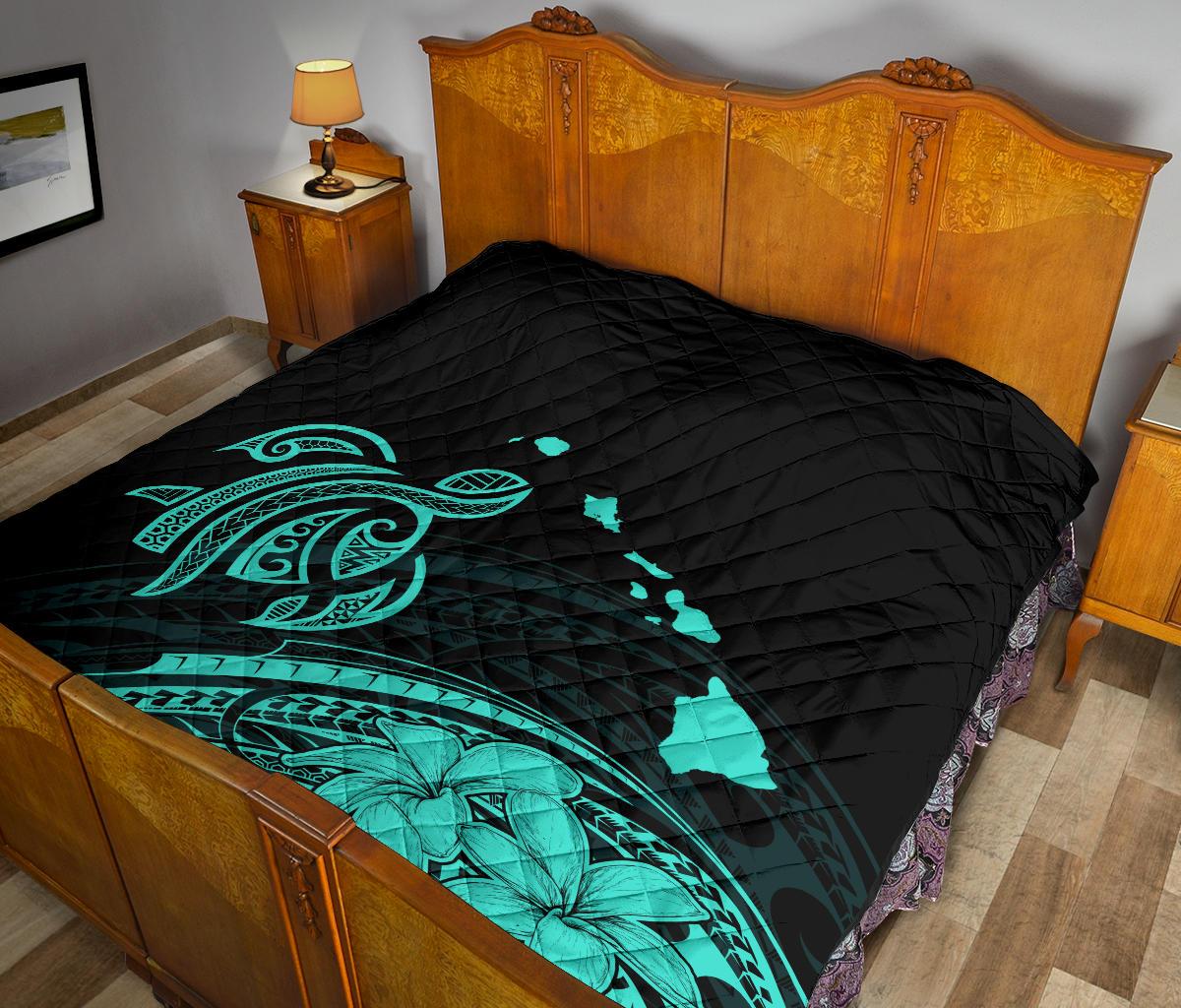 Hawaii Map Plumeria Polynesian Turquoise Premium Quilt - Polynesian Pride