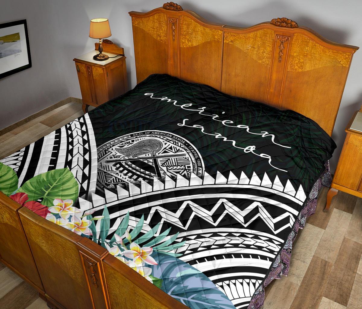 American Samoa Premium Quilt - American Samoa Coat of Arms & Polynesian Tropical Flowers White - Polynesian Pride