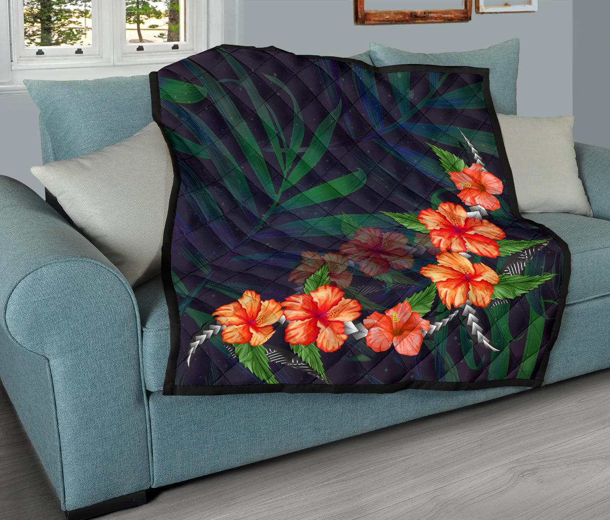 Hibiscus Palm Background Premium Quilt - Polynesian Pride