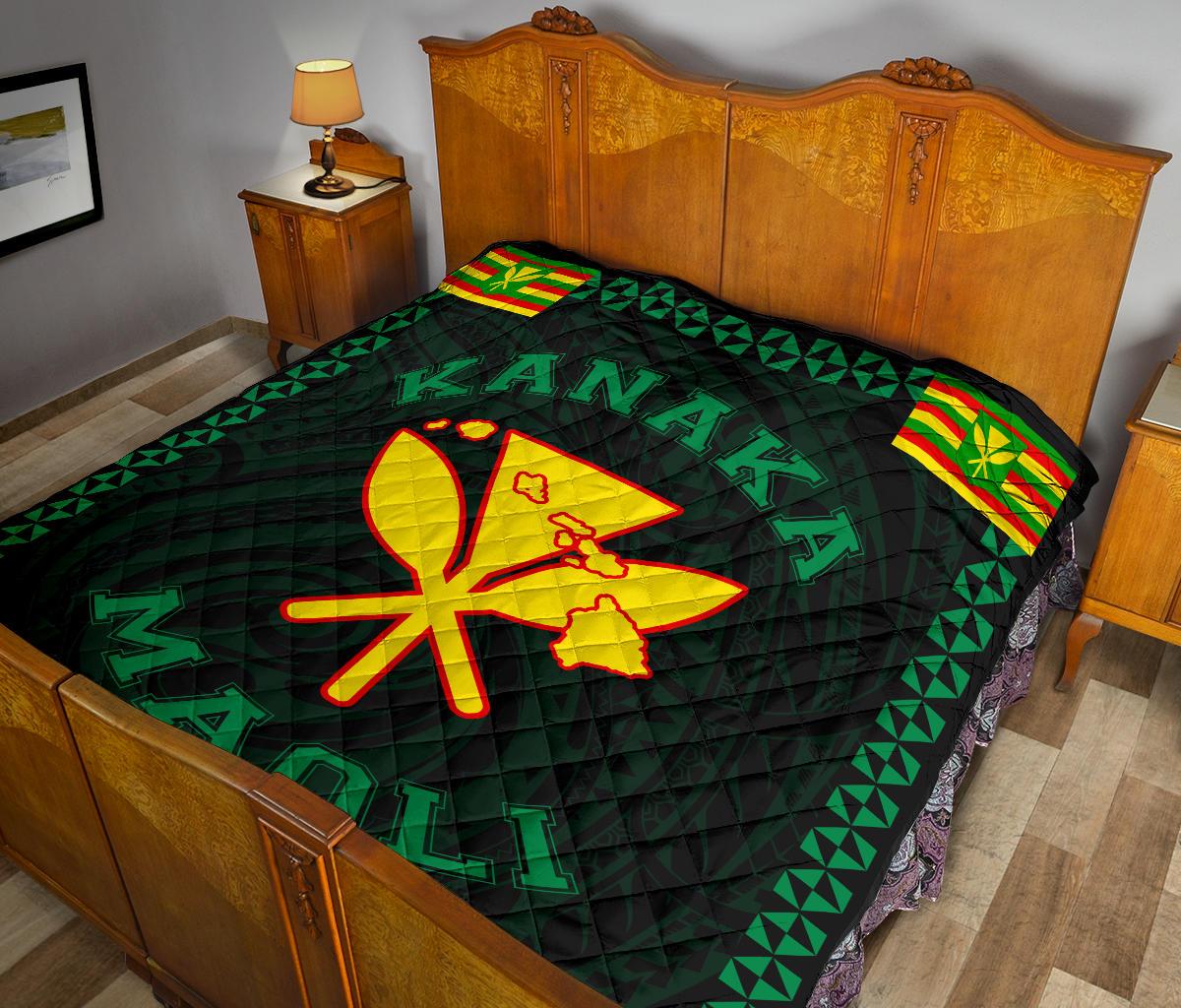 Kanaka Maoli Flag Polynesian Premium Quilt Green - Love Style - Polynesian Pride