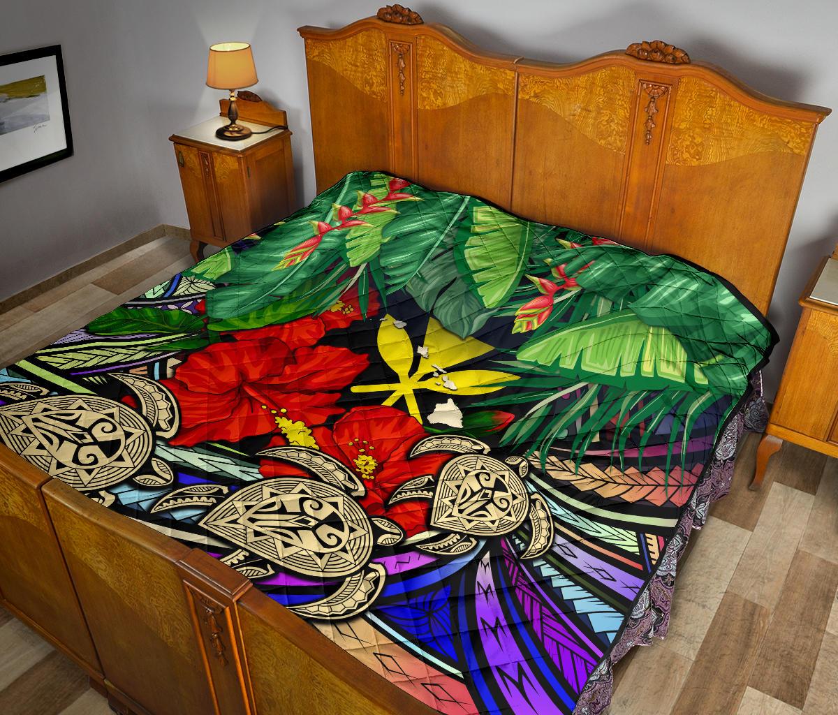 Kanaka Maoli (Hawaiian) Premium Quilt - Polynesian Turtle Colorful And Hibiscus - Polynesian Pride