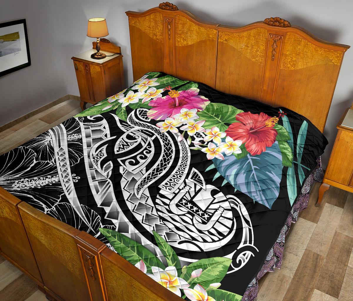 Tahiti Polynesian Premium Quilt - Summer Plumeria (Black) - Polynesian Pride