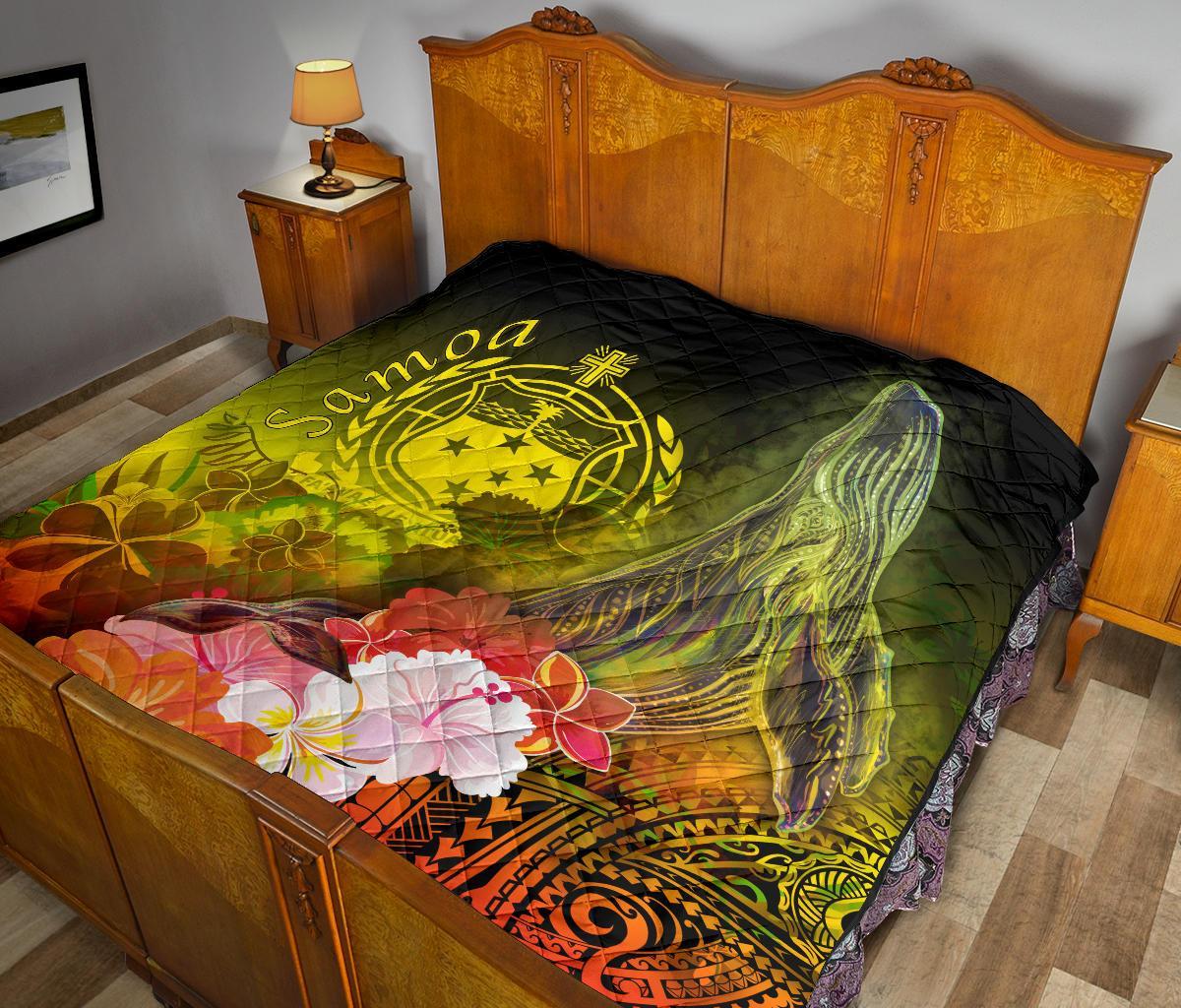 Samoa Premium Quilt - Humpback Whale with Tropical Flowers (Yellow) - Polynesian Pride