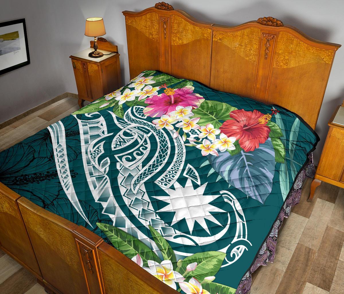 Nauru Polynesian Premium Quilt - Summer Plumeria (Turquoise) - Polynesian Pride
