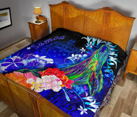 Samoa Premium Quilt - Humpback Whale with Tropical Flowers (Blue) - Polynesian Pride