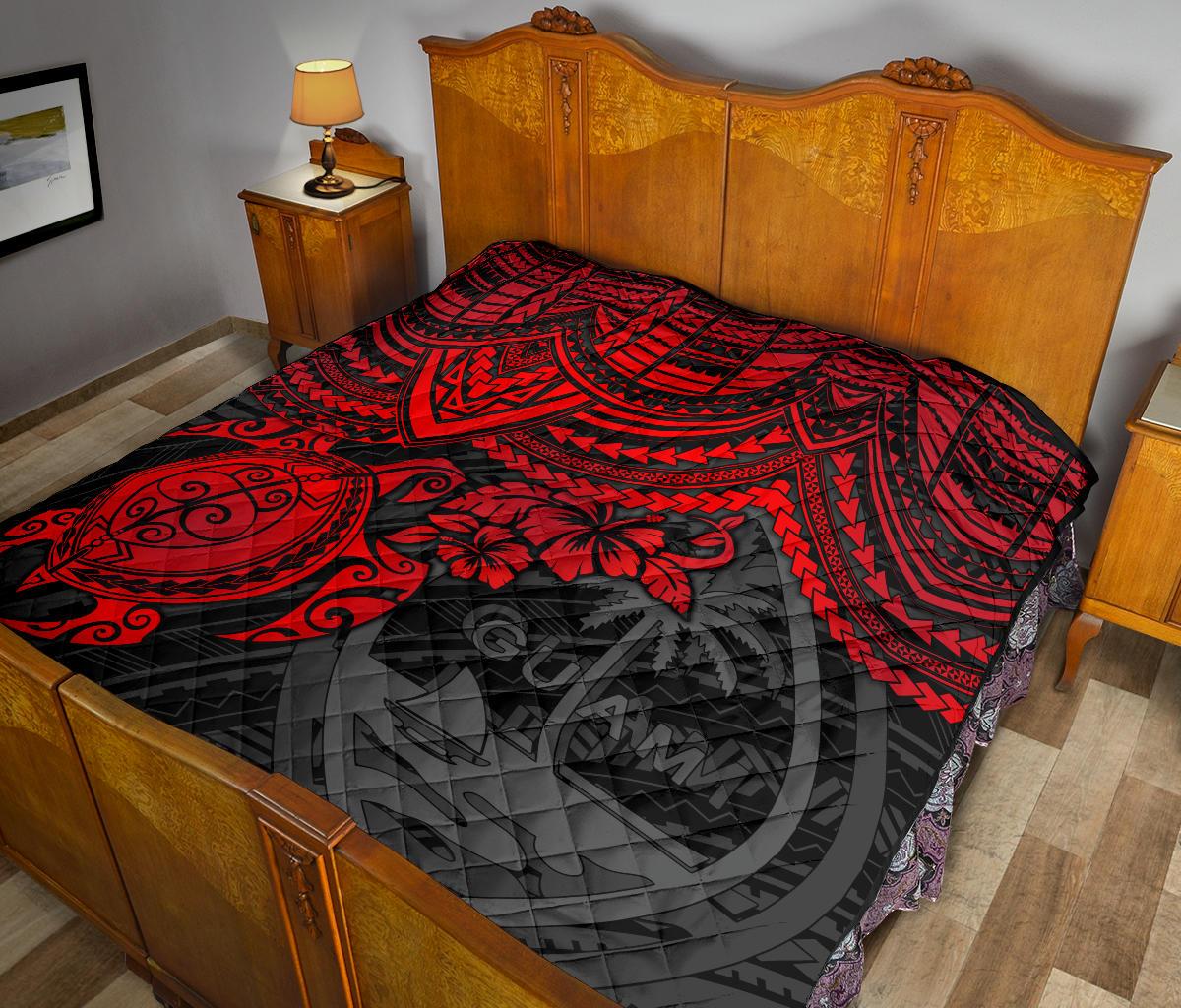 Guam Polynesian Premium Quilt - Guam Coat Of Arms & Red Turtle Hibiscus - Polynesian Pride
