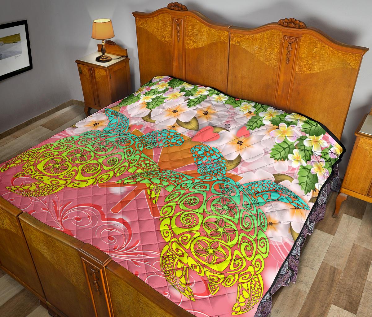 Hawaii Turtle Couple Plumeria Valentine Pattern Premium Quilt - Bond Style - AH - Polynesian Pride
