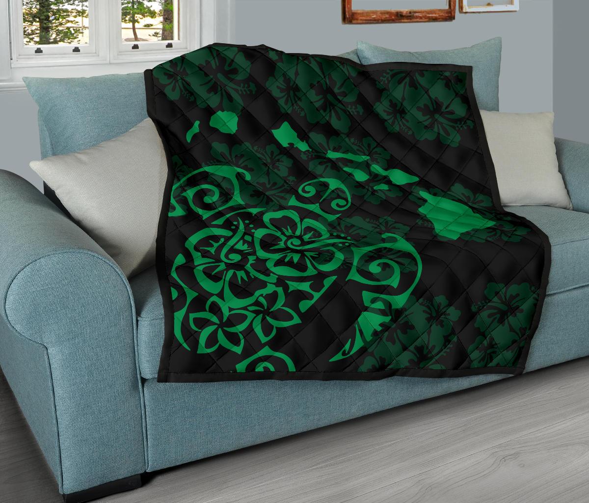 Turtle Hibiscus Map Green Premium Quilt - Polynesian Pride