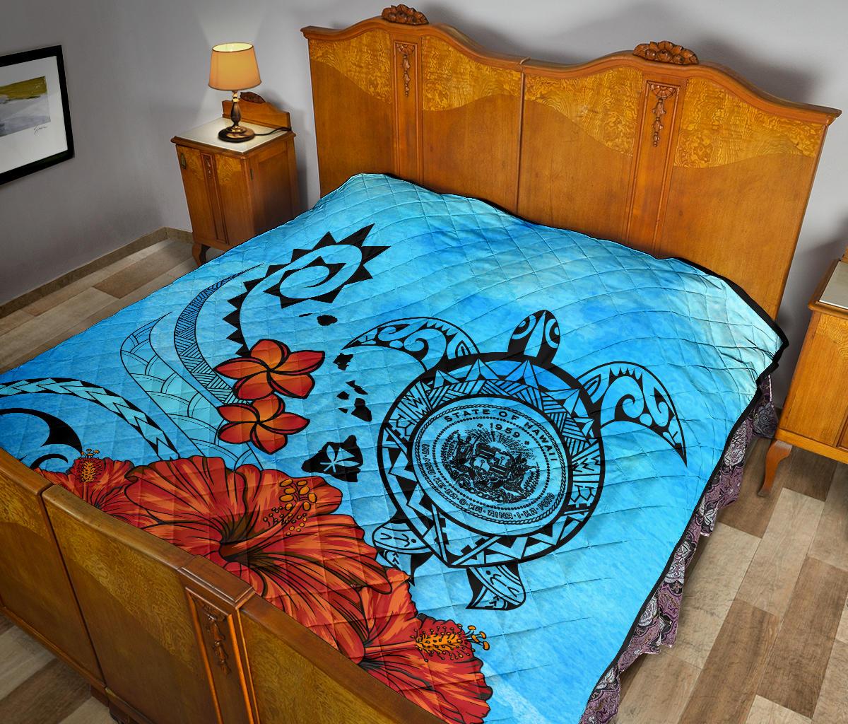 Hawaiian Map Kanaka Sea Turtle Seal Of Hawaii Hibiscus Plumeria Polynesian Quilt - Polynesian Pride