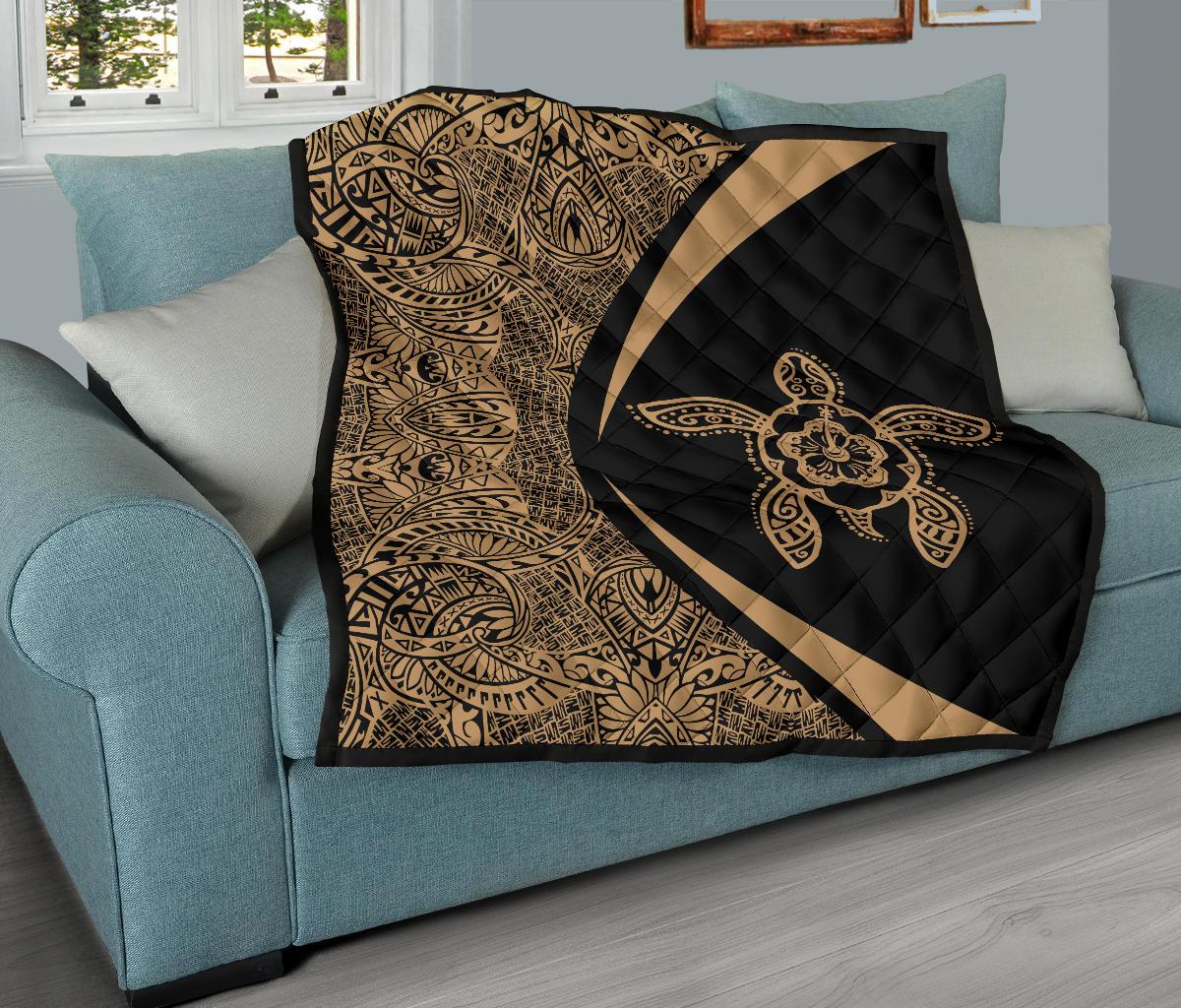 Hawaiian Hibiscus Turtle Polynesian Black Premium Quilt - Circle Style - Polynesian Pride