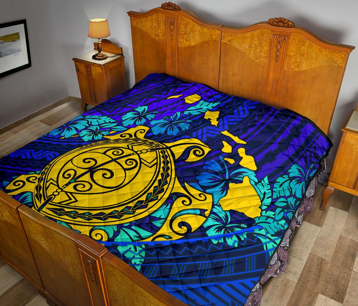 Hawaii Polynesian Premium Quilt - Hawaii Yellow Turtle Map & Torquoise Hibiscus - Polynesian Pride