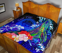 Federated States of Micronesia Custom Personalised Premium Quilt - Humpback Whale with Tropical Flowers (Blue) - Polynesian Pride
