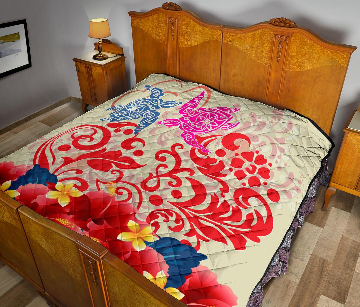 Hawaii Turtle Couple Hibiscus Valentine Pattern Premium Quilt - Romance Style - AH - Polynesian Pride