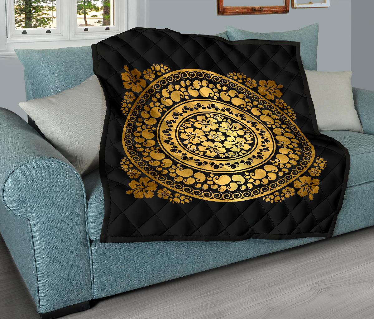 Hibiscus Gold Circle Tapestry Premium Quilt - Polynesian Pride