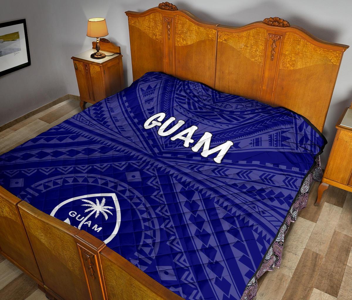 Guam Premium Quilt - Guam Seal With Polynesian Tattoo Style (Blue) - Polynesian Pride