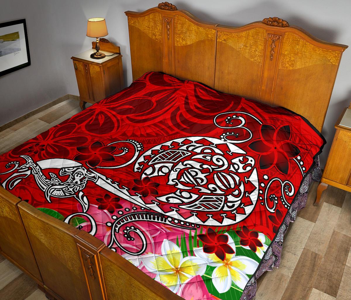 Polynesian Premium Quilt - Turtle Plumeria Red Color - Polynesian Pride