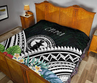 CNMI Premium Quilt - CNMI Coat of Arms & Polynesian Tropical Flowers White - Polynesian Pride
