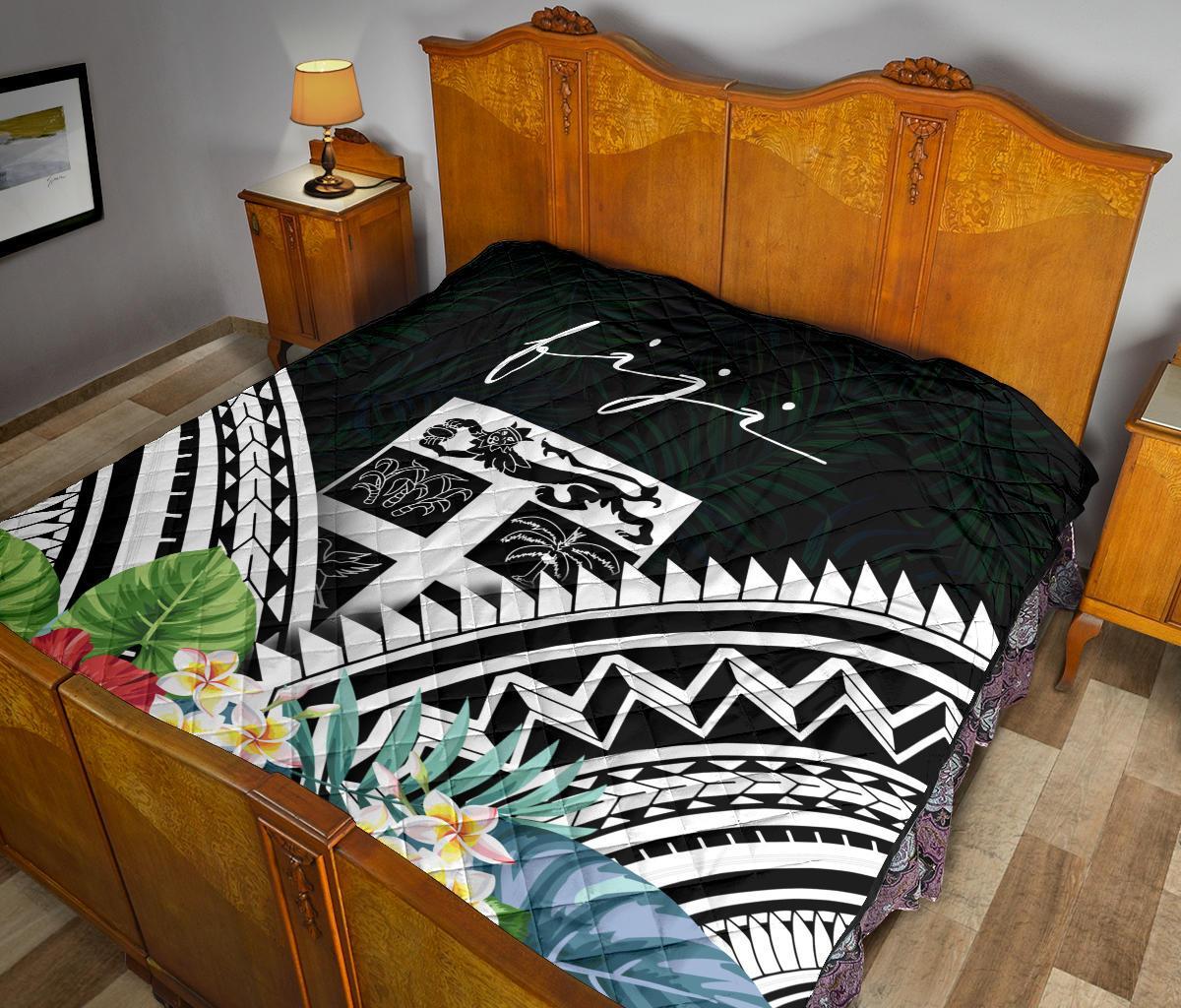 Fiji Premium Quilt - Fiji Coat of Arms & Polynesian Tropical Flowers White - Polynesian Pride