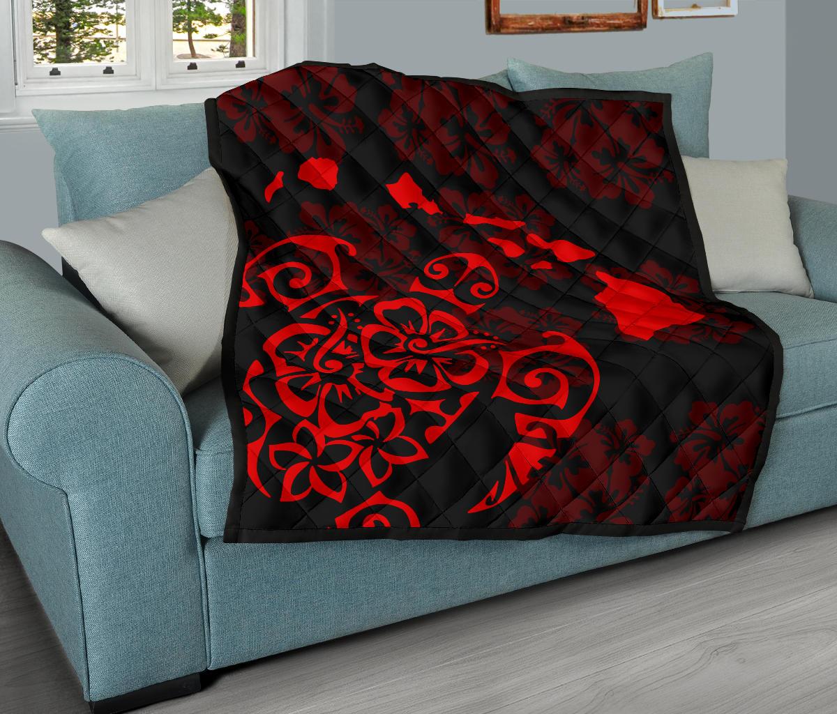 Turtle Hibiscus Map Red Premium Quilt - Polynesian Pride