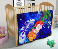 Federated States of Micronesia Custom Personalised Premium Quilt - Humpback Whale with Tropical Flowers (Blue) - Polynesian Pride