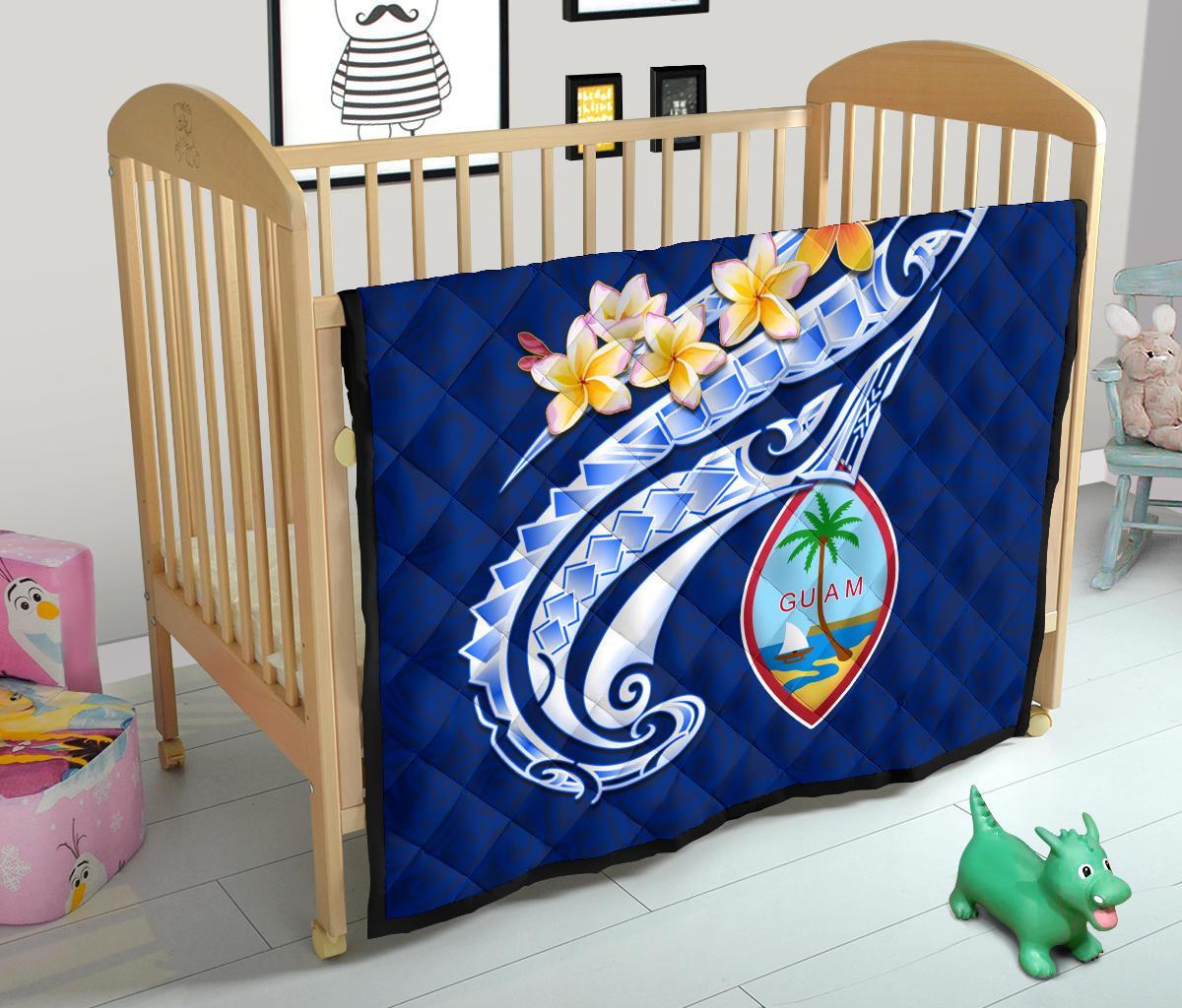 Guam Personalised Premium Quilt - Guam Seal Polynesian Patterns Plumeria (Blue) - Polynesian Pride