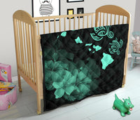 Hawaii Hibiscus Map Polynesian Ancient Turquoise Premium Quilt - Polynesian Pride