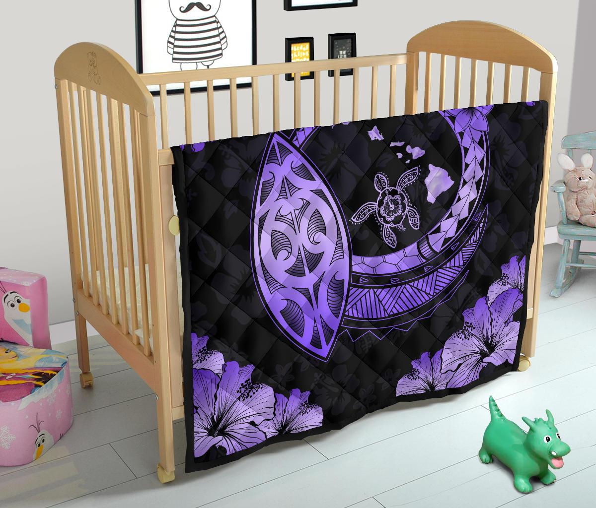 Hawaii Hibiscus Map Hidden Polynesian Purple Premium Quilt - Polynesian Pride