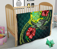 Tuvalu Polynesian Premium Quilt - Green Turtle Hibiscus - Polynesian Pride